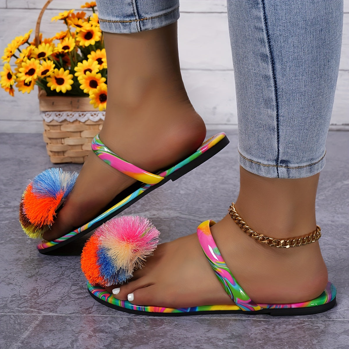 Colorful Ball Toe Striped Fashion Style Elegant Women's Summer Flat Slippers